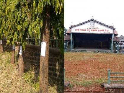 The fortifications of the Khasbagh wrestling ground in Kolhapur began to collapse, Notices pasted on trees regarding felling of trees | Kolhapur: खासबाग कुस्त्यांच्या मैदानाची तटबंदी ढासळू लागली, झाडे तोडण्याबाबत झाडांवर चिकटविल्या नोटीसा