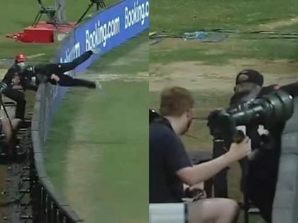 england vs new zealand 1st semi final to stop the boundary the kiwi player fell outside the boundary watch video | T20 World Cup, ENG vs NZ Semi Final Updates : न्यूझीलंडच्या ग्लेन फिलिप्सचे खेळाप्रती समर्पण पाहा, धावा अडवण्यासाठी लावली जीवाची बाजी, Video