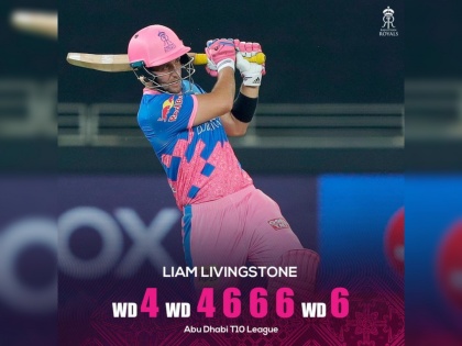 Team Abu Dhabi Liam Livingstone and finished unbeaten on 68 runs from just 23 balls including 2 fours and 8 sixes in T10 League | T10 League : ४,४,६,६,६,६; राजस्थान रॉयल्सच्या फलंदाजानं १० चेंडूंत चोपल्या ५६ धावा; एका षटकात पाडला धावांचा धो धो पाऊस    