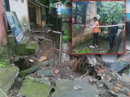 in thane the lokmanya nagar area the soil of the mountain collapsed threatening four houses | लोकमान्य नगर भागात डोंगराची माती खचली, चार घरांना धोका