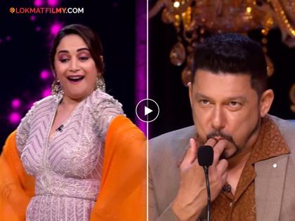 madhuri dixit dance with little contestant in dance diwane show actress husband dr nene reaction goes viral | Video : माधुरी दीक्षितचा जबरदस्त डान्स पाहून भारावले डॉ. नेने; बायकोसाठी सगळ्यांसमोरच मारल्या शिट्या