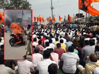 sillod band; The deputy sarpanch protested by setting the bike on fire | Video: सिल्लोडमध्ये कडकडीत बंद; उपसरपंचाने बाईक पेटवून केला निषेध