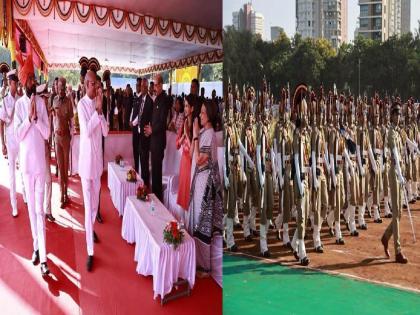 various programs on the occassion of maharashtra day in mumbai the procession with flag hoisting and singing | मुंबईत महाराष्ट्रदिनी विविध कार्यक्रम; ध्वजारोहण, गौरवगीत गायनासह संचलनाने डोळ्यांचे पारणे फेडले