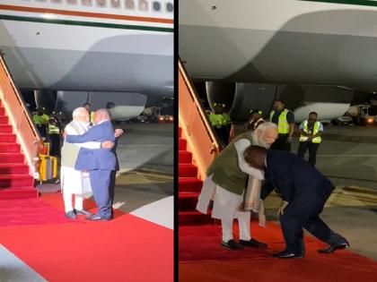 PM Modi Papua New Guinea Visit: Papua New Guinea James Marape seeks blessings of Prime Minister Narendra Modi upon latter's arrival in Papua New Guinea. | PM Modi Papua New Guinea Visit: PM नरेंद्र मोदी पापुआ न्यू गिनीत दाखल, PM जेम्स मारापेंनी पाया पडून घेतले आशिर्वाद