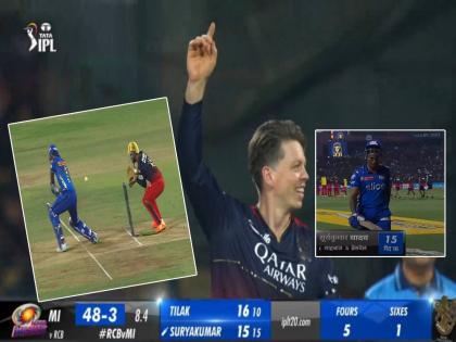 MI Vs RCB 2023 Live Score RCB's Michael Bracewell dismisses Suryakumar Yadav for just 15 runs on an easy ball   | MI vs RCB : सूर्याचा फ्लॉप शो सुरूच! ब्रेसव्हेलच्या सोप्या चेंडूवर झाला बाद; RCB समोर मुंबईची दाणादाण