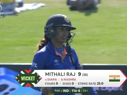 India vs Pakistan,  ICC Women's World Cup : Pakistan well on top! Mithali Raj out for a 36-ball 9, India in all sorts of trouble, From 96/1 to 114/6 | IND vs PAK, Live : Smriti Mandhanaच्या अर्धशतकाने दिलेला आधार, पण टीम इंडियाला १८ धावांत बसले ५ धक्के; पाकिस्तानचे कमबॅक