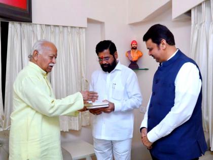 Eknath Shinde meets RSS Chief Mohan Bhagwat along with Devendra Fadnavis in Mumbai Maharashtra 45 Minutes Discussion take place | Eknath Shinde Mohan Bhagwat: RSS सरसंघचालक मोहन भागवत यांना भेटले मुख्यमंत्री शिंदे, उपमुख्यमंत्री Devendra Fadnavis; सुमारे ४५ मिनिटे चर्चा