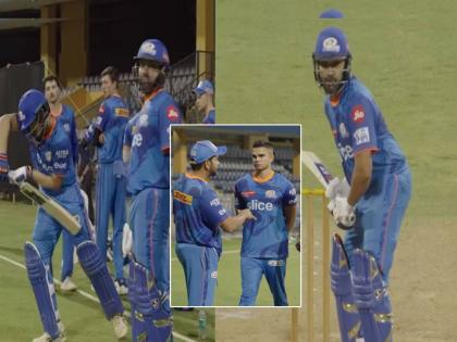 Mumbai Indians captain Rohit Sharma practices with some players including Arjun Tendulkar before the match against CSK in IPL 2023 | चेन्नईविरूद्धच्या सामन्यासाठी 'मुंबई है तय्यार', हिटमॅन रोहितने दाखवली झलक; वानखेडेवर थरार