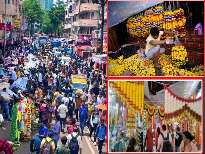 in mumbai ganesh mahotsav 2024 shopping spree on the eve of chaturthi demand for flowers fruits and offerings decoration materials  | चतुर्थीच्या पूर्वसंध्येला खरेदीला उधाण; फुले, फळे, प्रसाद, सजावट साहित्याला मागणी 