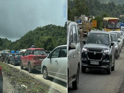 traffic jam on Mumbai-Goa highway! ganesh devotees going to konkan faced lot of problems maharashtra | Mumbai-Goa highway Traffic मुंबई-गोवा महामार्गावर वाहतूक कोंडीचे विघ्न! कोकणात जाणाऱ्या चाकरमान्यांचे हाल 