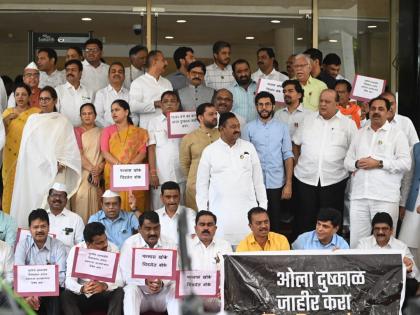 Mahavikas Aaghadi MLAs slams Eknath Shinde Devendra Fadnavis led Maharashtra Government | "पन्नास खोके, चिडलेत बोके..."; महाविकास आघाडीच्या आमदारांची विधिमंडळाच्या पायऱ्यांवर पुन्हा घोषणाबाजी