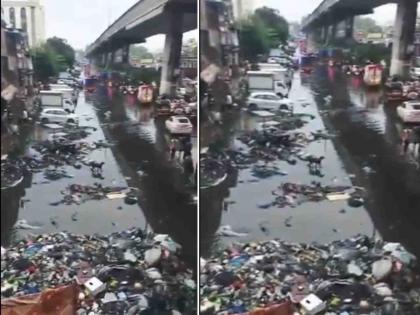Garbage from drains spills onto the road during unseasonal rains exposing the Municipal Corporation's drain cleaning | अवकाळी पावसातच नाल्यातील कचरा रस्त्यावर, मनपाच्या नालेसफाईची पोलखोल Garbage from drains spills onto the road during unseasonal rains exposing the Municipal Corporation's drain cleaning | अवकाळी पावसातच नाल्यातील कचरा रस्त्यावर, मनपाच्या नालेसफाईची पोलखोल
