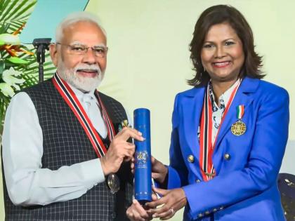 PM narendra Modi receives Trinidad and Tobago's highest civilian honour and says Our relationship is built on the thrill of cricket | पंतप्रधान मोदींना मिळाला त्रिनिदाद आणि टोबॅगोचा सर्वोच्च नागरी सन्मान; म्हणाले, "आपल्या नात्यात क्रिकेटचा रोमांच अन्..." PM narendra Modi receives Trinidad and Tobago's highest civilian honour and says Our relationship is built on the thrill of cricket | पंतप्रधान मोदींना मिळाला त्रिनिदाद आणि टोबॅगोचा सर्वोच्च नागरी सन्मान; म्हणाले, "आपल्या नात्यात क्रिकेटचा रोमांच अन्..."