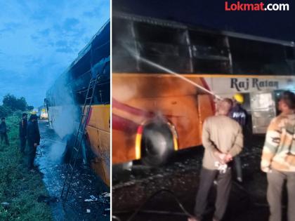 Travel bus catches fire in Chandwad taluka of Nashik 39 passengers rescued | नाशिकच्या चांदवड तालुक्यात ट्रॅव्हल्स बसला भीषण आग; सुदैवाने ३९ प्रवाशी बचावले!