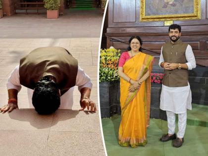 Muralidhar Mohol 'prostrates' on Parliament steps; Medha Kulkarni's slogan 'Together for development' | मुरलीधर मोहोळ संसदेच्या पायऱ्यांवर 'नतमस्तक'; मेधा कुलकर्णींचा 'विकासासाठी एक साथ'चा नारा