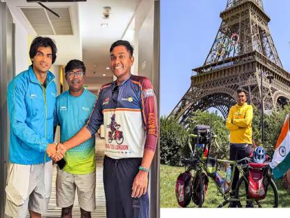 Paris Olympics 2024 Neeraj Chopra's fan Fayis Asraf Ali reaches Paris by bicycle | Paris Olympics 2024 : 'गोल्डन बॉय' नीरजचा जबरा फॅन! सायकलवरून गाठलं पॅरिस; २२ हजार किमीचा प्रवास