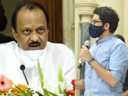 deputy cm Ajit Pawar advice to Aditya Thackeray about mumbai illegal construction on footpath | मुंबईतील रस्त्यावरच्या टपऱ्या हटायला हव्यात; अजित पवारांचा आदित्य ठाकरेंना सल्ला