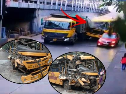 best bus collides with truck in mumbais dadar eight injured in accident | दादरमध्ये बसची डंपरला जोरदार धडक; आठ जण जखमी, भीषण अपघात सीसीटीव्हीत कैद