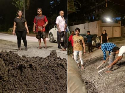 former corporator completed a partial patch of the road at midnight | ...आणि त्यांनी मध्यरात्रीच पूर्ण करून घेतला रस्त्याचा अर्धवट पॅच, विघ्नहर्त्याचं आगमन जल्लोषात होणार