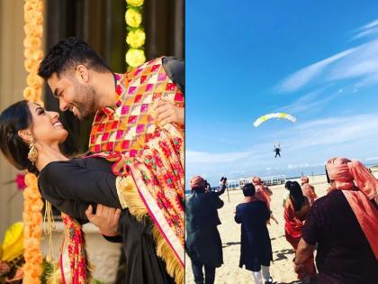 Groom skydives to his wedding stuns instagrammers | लग्नात नवरदेवाची अशी एन्ट्री तुम्ही कधी पाहिली नसेल, व्हिडीओ व्हायरल...