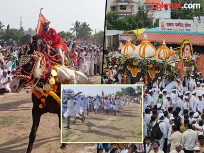 The first horse race took place during the palanquin ceremony of Tukoba; Lakhs of Vaishnavas visited Vithuraya | Video: तुकोबांच्या पालखी सोहळ्यात रंगले पहिले अश्व रिंगण; लाखो वैष्णव विठुरायाच्या भेटीला