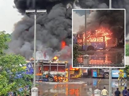 Massive fire suddenly broke out in buses parked at the Ghansoli NMMT bus depot | घणसोली बस आगारात अग्नितांडव; नवी मुंबई पालिकेच्या तीन बस जळून खाक, आगीचे कारण अस्पष्ट Massive fire suddenly broke out in buses parked at the Ghansoli NMMT bus depot | घणसोली बस आगारात अग्नितांडव; नवी मुंबई पालिकेच्या तीन बस जळून खाक, आगीचे कारण अस्पष्ट