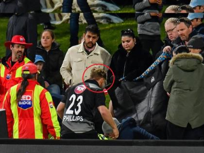 nz vs ban match glenn phillips ball hits 10 year old girl, video goes viral | VIDEO: 10 वर्षांच्या मुलीला चेंडू लागला, षटकार मारणाऱ्या ग्लेन फिलिप्सने घेतली तिच्याकडे धाव!