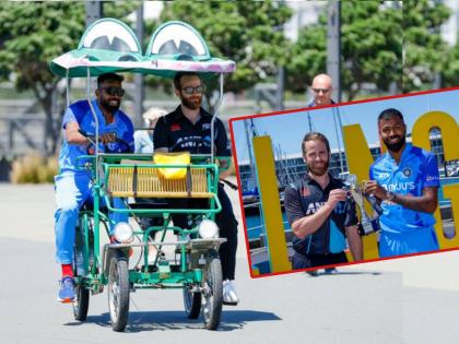 IND vs NZ : Hardik Pandya and Kane Williamson on a crocodile bike in Wellington, they releases India vs NewZealand T20 Series TROPHY | IND vs NZ : Hardik Pandya, केन विलियम्सन यांची 'crocodile bike' वरून एन्ट्री, ट्रॉफीचे अनावरण अन् बरंच काही... 