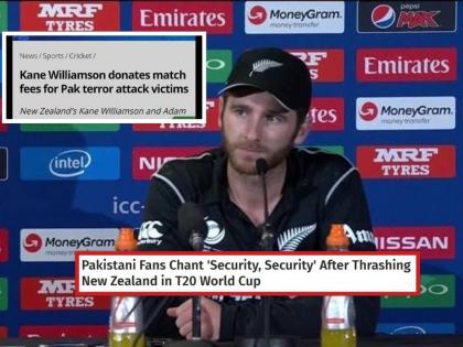 T20 World Cup  : Pakistani Fans Chant 'Security, Security' After Thrashing New Zealand , but they forget Kane Williamson donates match fees for Pak terror attack victims | T20 World Cup, PAK vs NZ : पाकिस्तानींनी उपकारांचे असे पांग फेडले; एकेकाळी संपूर्ण मॅच फी दान करणाऱ्या केन विलियम्सनला पराभवानंतर नको ते बोलले, Video 