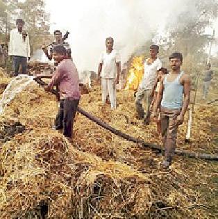 In the fire, 20 tractor tones were burned with a trakur | आगीत एक ट्रॅक्टर तुरीसह २० ट्रॅक्टर तणीस जळाले In the fire, 20 tractor tones were burned with a trakur | आगीत एक ट्रॅक्टर तुरीसह २० ट्रॅक्टर तणीस जळाले