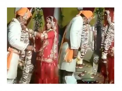 groom pant fall down during wedding ceremony funny video goes viral on social media | अरे देवा! नवरीला वरमाला घालताना नवरदेवाची पँटच घसरली, शरमेने तोंड लपवण्याची पाळी आली