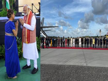 PM Narendra Modi: 38 ministers, 4 MPs including Prime Minister Kamala; Entire cabinet arrives at the airport to welcome PM Modi | पंतप्रधान कमलांसह 38 मंत्री, 4 खासदार; PM मोदींच्या स्वागतासाठी पूर्ण मंत्रिमंडळ विमानतळावर दाखल PM Narendra Modi: 38 ministers, 4 MPs including Prime Minister Kamala; Entire cabinet arrives at the airport to welcome PM Modi | पंतप्रधान कमलांसह 38 मंत्री, 4 खासदार; PM मोदींच्या स्वागतासाठी पूर्ण मंत्रिमंडळ विमानतळावर दाखल