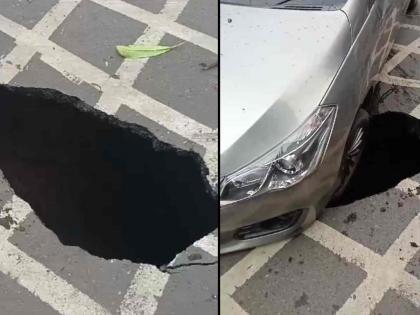 Car Gets Trapped As Road Caves In Near Siddhivinayak Temple In Prabhadevi Watch Video | प्रभादेवीत सिद्धिविनायक मंदिराकडे जाणाऱ्या रस्त्याला पडले भगदाड, कार अडकली; कामावर प्रश्नचिन्ह!