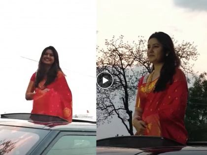 Prajakta Mali participates in road show wearing red saree campaigned for Sudhir Mungantiwar in Chandrapur | लाल साडी नेसून प्राजक्ता माळीचा रोड शोमध्ये सहभाग, चंद्रपुरात सुधीर मुनगंटीवारांचा केला प्रचार