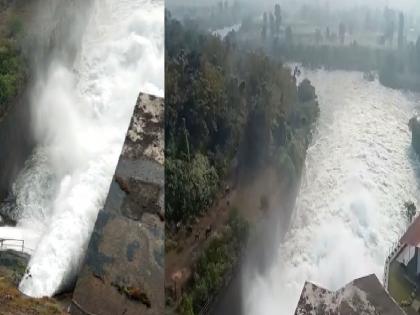 The door of Radhanagari dam was opened and stuck a big discharge of water in the river | Radhanagari Dam : राधानगरी धरणाचा दरवाजा बंद करण्यात यश