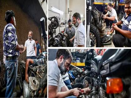 rahul gandhi delhi-karolbagh-streets-mechanic-shop-bike-service | बाईक सर्व्हिसिंग ते कामगारांची विचारणा; मोटार मॅकेनिकसोबत राहुल गांधींनी साधला संवाद