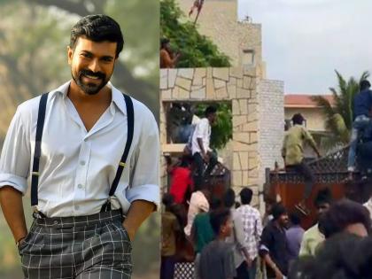 Ram charan was received by a sea of fans as the actor arrived in vishakhapatnam | 'रामचरण'साठी कायपण! फॅन्स चढले हॉटेलच्या भिंतीवर, एकच कल्ला; नेमकं काय घडलं?