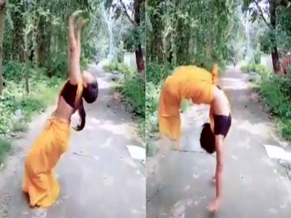 Women doing a backflip in saree video goes viral | Video : आरारारारा खतरनाक! महिलेने साडी नेसून केला असा काही स्टंट, बघणारे बघतच राहिले....