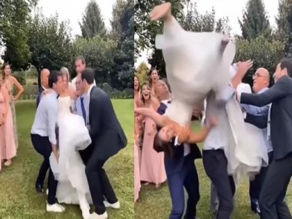 Brides awkward video goes viral on social media watch video | VIDEO : लग्नात नवरीच्या मित्रांनी केलं असं काही, तोंडावर पडणाऱ्या नवरीला नवरदेवाने वाचवलं