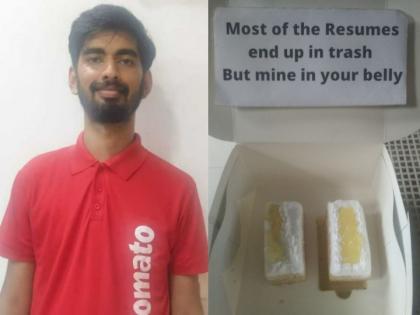 Bengaluru man dresses as Zomato executive, delivers pastries to start-ups along with his resume | Zomato Delivery Boy: डिलिव्हरी बॉय बनून कंपनीमध्ये पाठवला रिझ्यूम; पेस्ट्री बॉक्सवरील मेसेजची रंगली चर्चा 