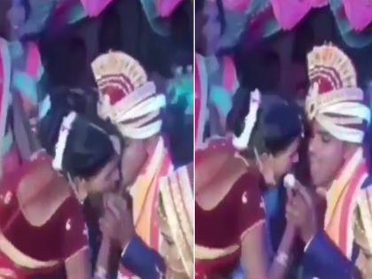 Groom and saali video : Jija saali funny kissing scene during wedding | VIDEO : रसगुल्ला खाऊ घालण्याच्या नादात चुकून मेहुणीने नवरदेवाला केलं kiss आणि मग...