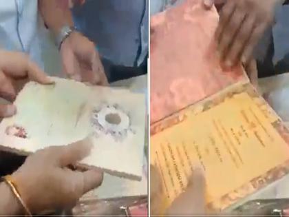 Airport officer found drugs in wedding card carrying by the girl video goes viral | लग्नाची पत्रिका घेऊन एअरपोर्टवर आली होती तरूणी, अधिकाऱ्यांनी पाहिल्यावर त्यांचं डोकं गेलं चक्रावून