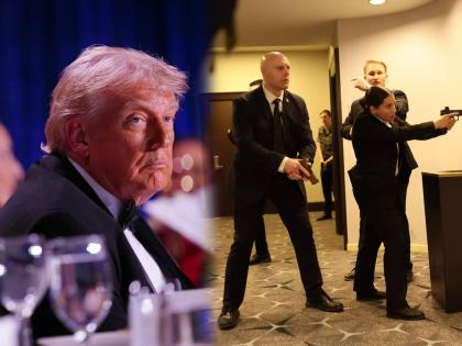 डोनाल्ड ट्रम्प यांच्यासमोरच अंदाधुंद गोळीबार; अमेरिकेत खळबळ, सुरक्षा जवानांनी संशयिताला पकडलं - Marathi News | US President Donald Trump was evacuated from the White House Correspondents Dinner at a hotel in Washington after firing incident | Latest international News at Lokmat.com