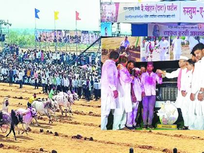 Double Maharashtra Kesari Pai Huge response to bullock cart race organized by Chandrahar Patil | शर्यती रंगल्या... धुरळा उडाला, बैलजोड्यांनी लुटली बक्षिसे; रेठरे व पुण्याच्या जोडीने पटकावली ‘थार’ 