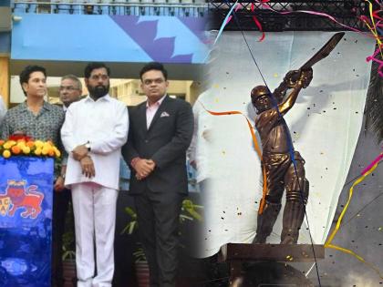 Chief Minister Eknath Shinde unveils 'Lofted Drive' statue of Sachin Tendulkar at Wankhede Stadium Mumbai | वानखेडेवर मास्टर ब्लास्टरचा ‘लॉफ्टेड ड्राईव्ह’; मुख्यमंत्री शिंदेंच्या हस्ते पुतळ्याचे अनावरण