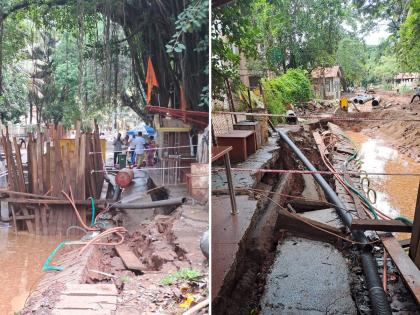 Gutter slab collapses due to Smart city negligence near Tad Mad, St Inez | सांतीनेजमध्ये गटाराची संरक्षण भिंत कोसळली; देवस्थान तसेच नागरिकांना धोका