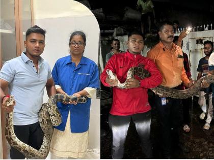 10-foot python found in building in Malad, Sarpamitra succeeded in catching this python | अबब! मालाडमध्ये इमारतीत आढळला १० फूटाचा अजगर; स्थानिकांची उडाली भंबेरी