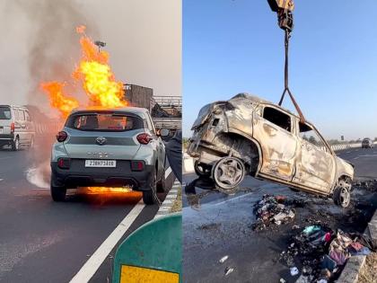 Tata's new punch catches fire on mumbai gujarat road; Owner, family escaped, tata motors is escalating problem | टाटाच्या नव्या कोऱ्या पंचला भररस्त्यात आग लागली; मालक, कुटुंब थोडक्यात बचावले