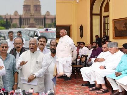 Hands on Modi's back! Sharad Pawar was present in the meeting the President, but disappeared from INDIA's press conference, Mallikarjun Kharge serch for him | मोदींच्या पाठीवर हात! राष्ट्रपतींना भेटताना होते, पण पत्रकार परिषदेतून गायब झाले शरद पवार