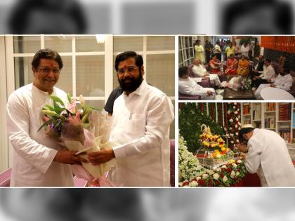 Chief Minister Eknath Shinde visits Raj Thackeray residence Shivatirth to seek blessings of Ganapati Bappa | Raj Thackeray Eknath Shinde: मुख्यमंत्री एकनाथ शिंदे 'शिवतीर्थ'वर; राज ठाकरेंकडील बाप्पांचं दर्शन घेतलं, गप्पाही रंगल्या!